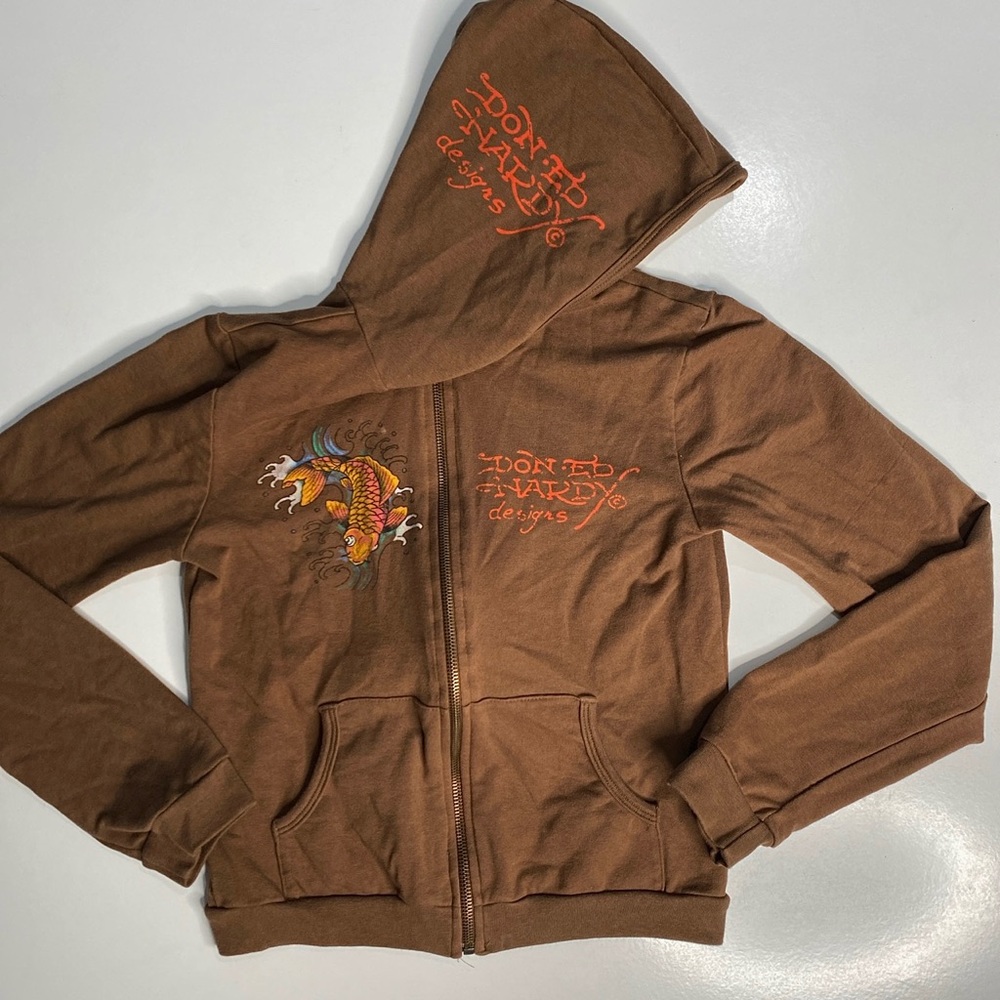 Ed Hardy Brown Zip-Up Hoodie with Orange Graphic